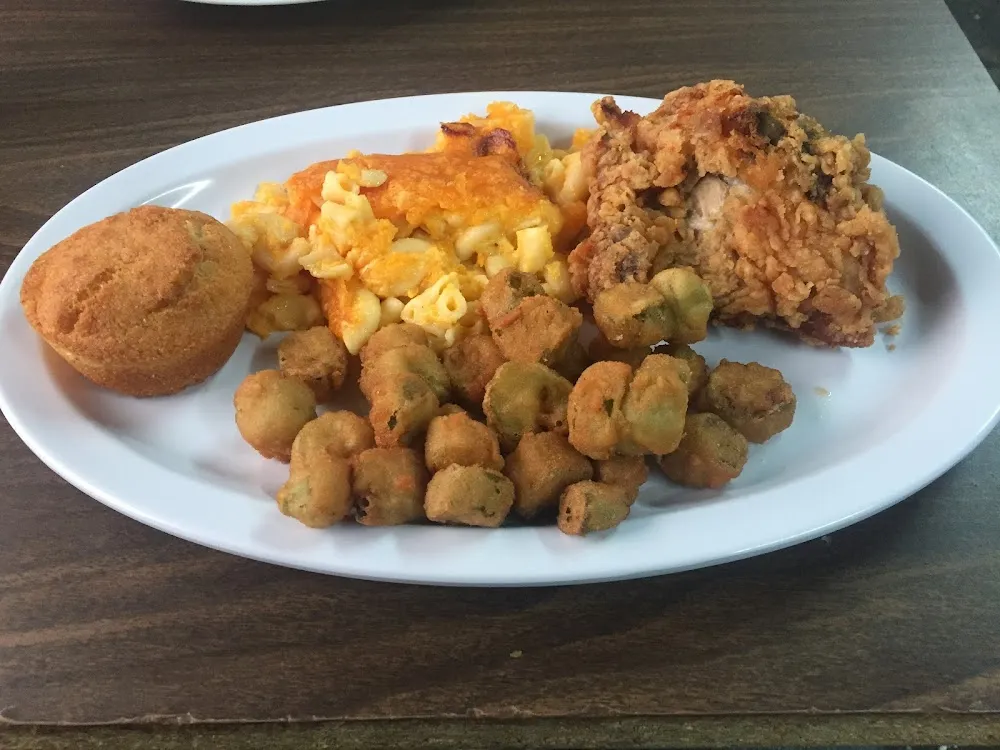 Fried Chicken with Side of Okra N Mac N Cheese Along with Cornbread